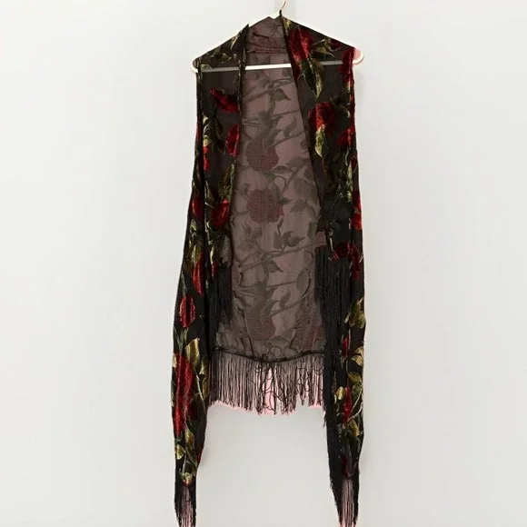 Sheer Velvet Burnout Floral Fringe Kimono Duster Black Whimsigoth Festival - Picture 5 of 6